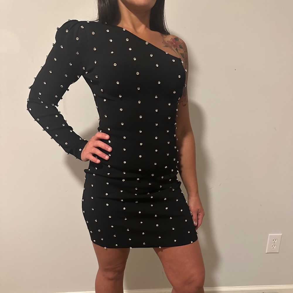 one shoulder black with diamond stud dress